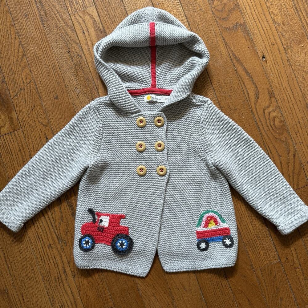 Mini Boden Knit Hooded Jacket Sweater Sz 12 to 18 Months Rainbow Farm Appliqué - Picture 1 of 7